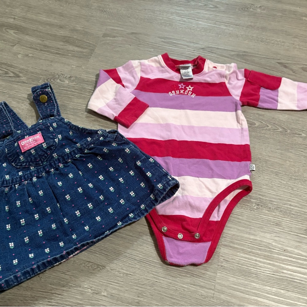 OshKosh B'gosh Pink and Purple Striped Bodysuit with Denim Skirt